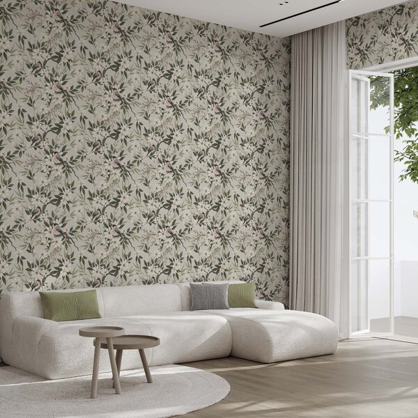 Tapet Cinte cu piept alb pe ramuri cu flori crem, Tapet flori, a00889 : Uwalls.ro