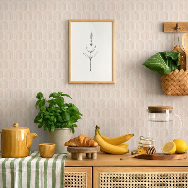 Tapet Rând de forme arcuite în dungi bej deschis, stil retro, Tapet abstract, a00923 : Uwalls.ro