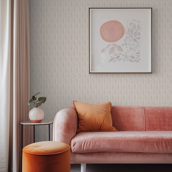 Tapet Rând de forme arcuite în dungi bej deschis, stil retro, Tapet abstract, a00923 : Uwalls.ro