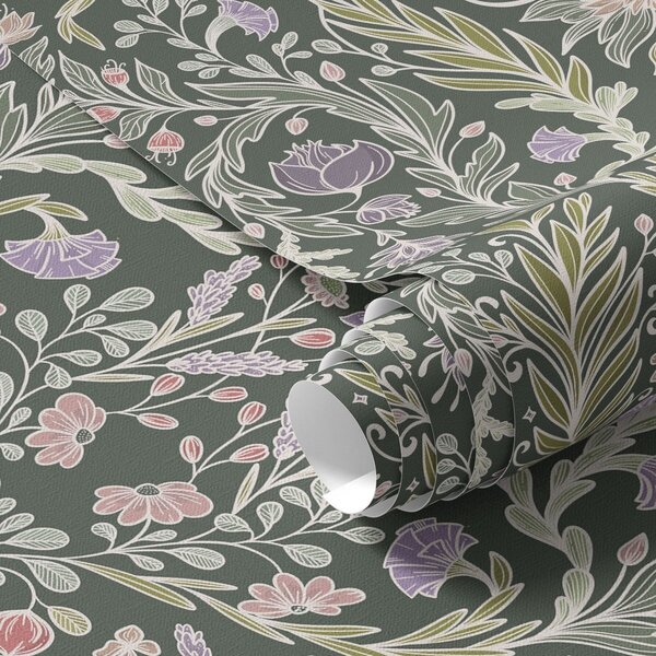 Tapet Ornament floral simetric pe fond verde închis, Tapet flori, a00928 : Uwalls.ro