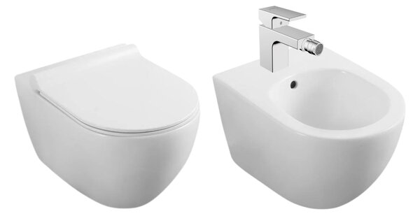 Set vas WC si bideu suspendat, Fluminia Minerva, alb si baterie de bideu Hansgrohe, Vernis Shape, crom