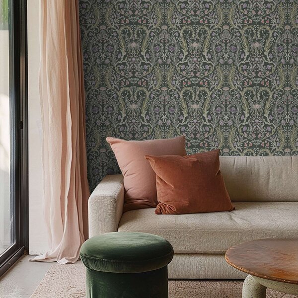 Tapet Ornament floral simetric pe fond verde închis, Tapet flori, a00928 : Uwalls.ro