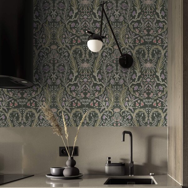 Tapet Ornament floral simetric pe fond verde închis, Tapet flori, a00928 : Uwalls.ro