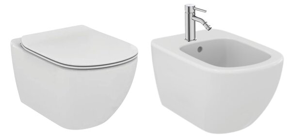 Set vas WC cu spălare AquaBlade si bideu suspendat, Ideal Standard alb, baterie Ceraline, cu ventil Pop-Up, crom