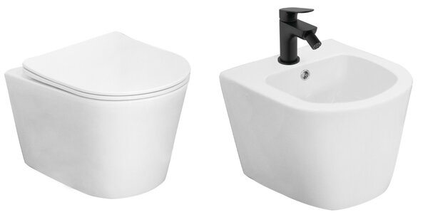 Set vas WC și bideu suspendat alb, Fluminia, Clementina, baterie de bideu Ideal Standard, Ceralife O, cu ventil Click-Clack, negru mat