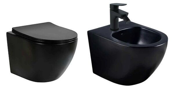 Set vas WC si bideu suspendat, Fluminia Ricci, baterie de bideu Ideal Standard, Ceralife O, cu ventil Click-Clack, negru mat