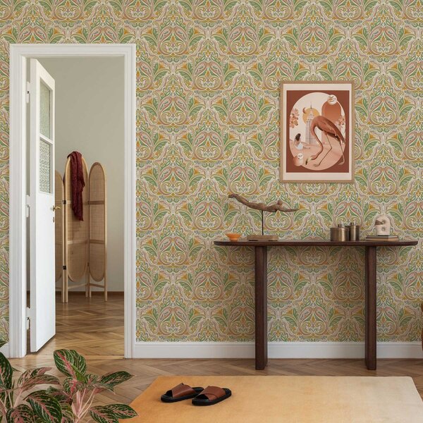 Tapet Ornamente cu frunze în spirală în tonuri de verde și teracotă, Tapet în stil asiatic, a00927v1 : Uwalls.ro