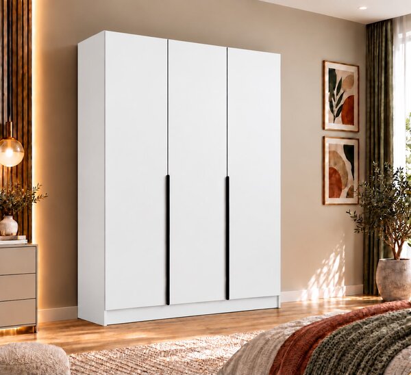 Dulap Vento 3 usi, 150x50x200 cm, Alb, manere negre, Pal 18 mm