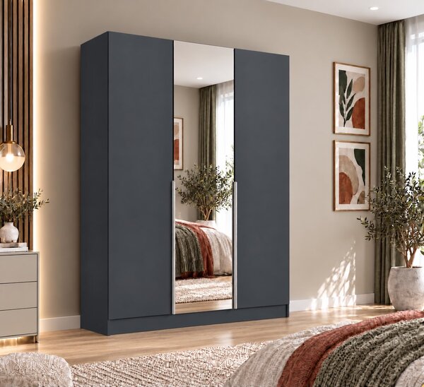 Dulap Vento 3 usi cu oglinda, 150x50x200 cm, Antracit, manere argintii, Pal 18 mm