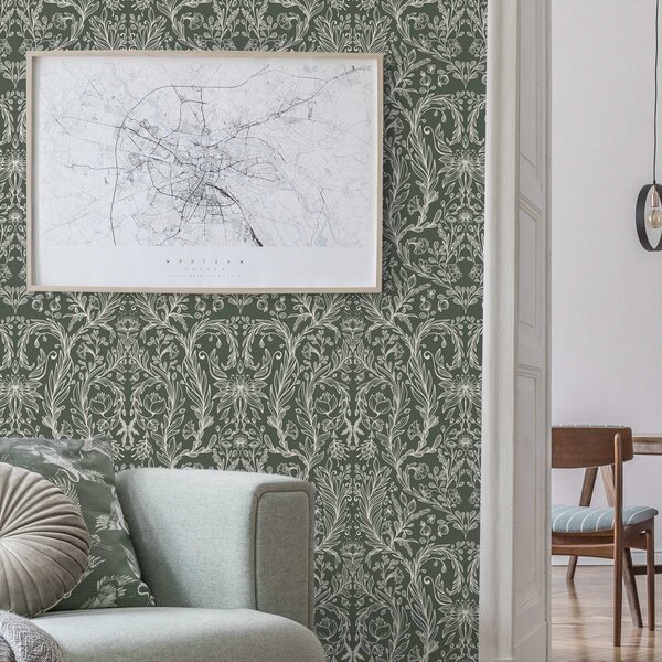 Tapet Model floral liniar pe fond verde închis, Tapet flori, a00929 : Uwalls.ro