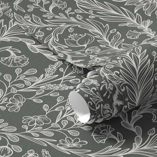 Tapet Model floral liniar pe fond verde închis, Tapet flori, a00929 : Uwalls.ro