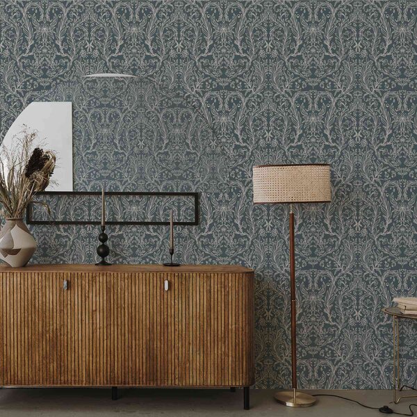 Tapet Ornament floral liniar pe fond albastru-cenușiu, Tapet flori, a00929v1 : Uwalls.ro