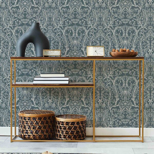 Tapet Ornament floral liniar pe fond albastru-cenușiu, Tapet flori, a00929v1 : Uwalls.ro