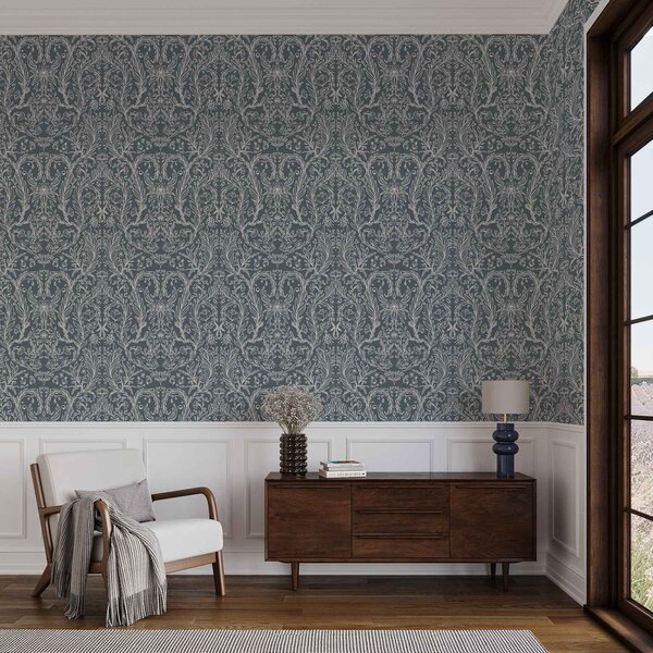 Tapet Ornament floral liniar pe fond albastru-cenușiu, Tapet flori, a00929v1 : Uwalls.ro