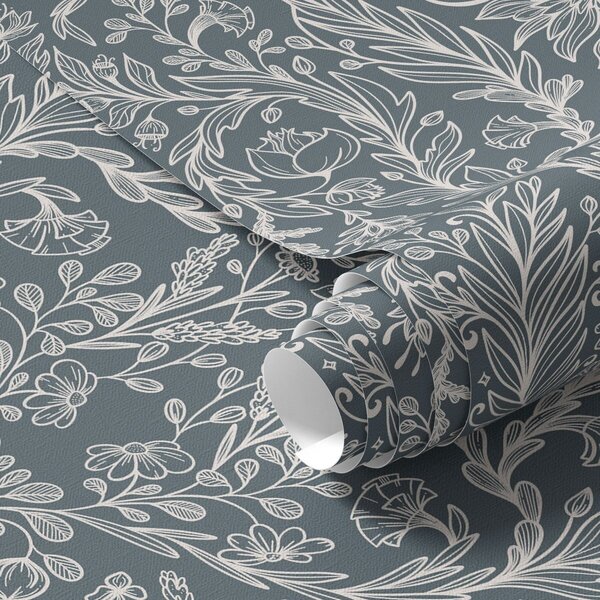 Tapet Ornament floral liniar pe fond albastru-cenușiu, Tapet flori, a00929v1 : Uwalls.ro