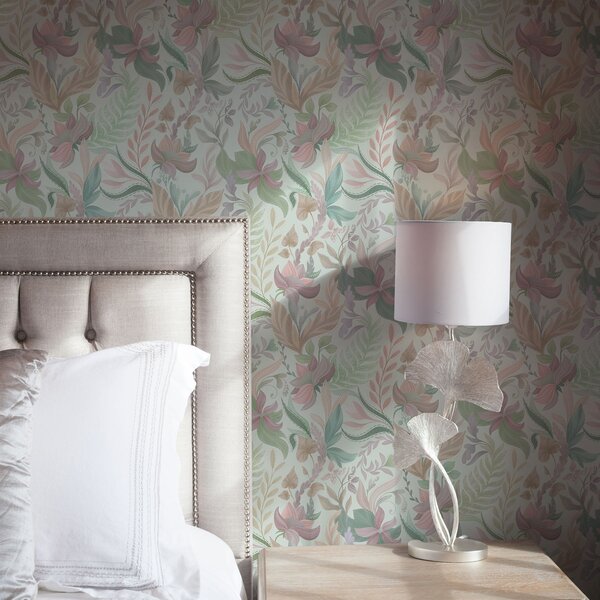 Tapet Modele florale pastelate pe un fundal mentă deschis, Tapet flori, a00931v1 : Uwalls.ro