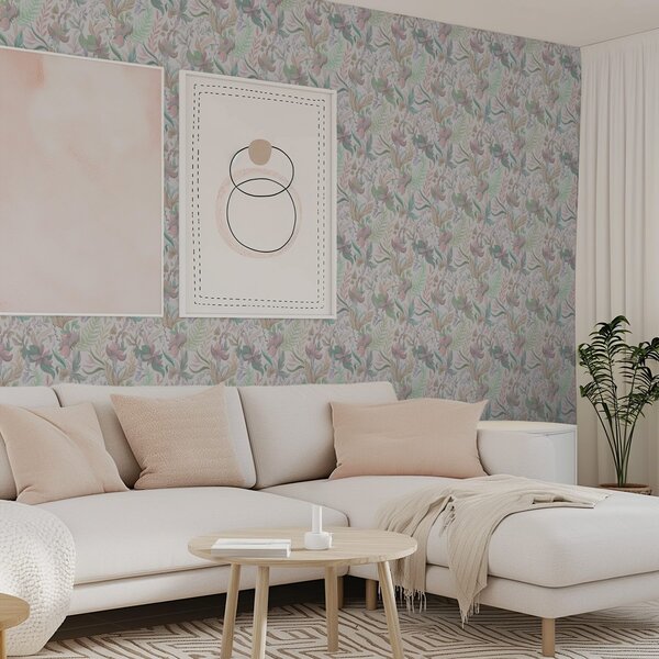 Tapet Flori și frunze delicate în culori pastelate pe un fundal deschis, Tapet flori, a00931 : Uwalls.ro