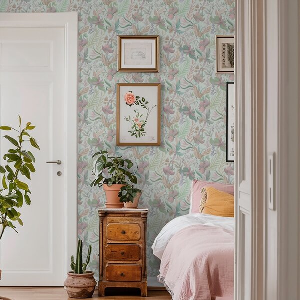 Tapet Modele florale pastelate pe un fundal mentă deschis, Tapet flori, a00931v1 : Uwalls.ro