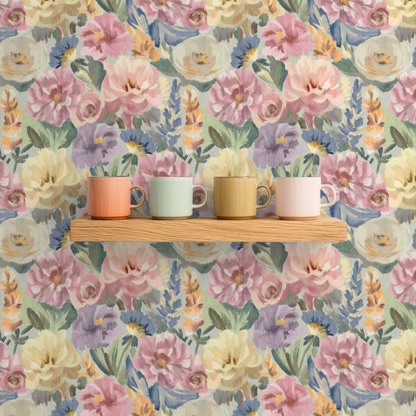 Tapet Flori pictate cu pensula în culori pastelate, paletă de culori delicate, Tapet flori, a00954 : Uwalls.ro