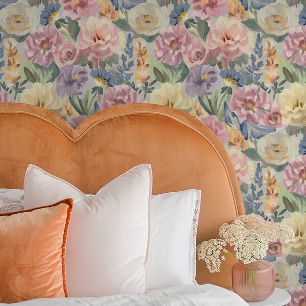Tapet Flori pictate cu pensula în culori pastelate, paletă de culori delicate, Tapet flori, a00954 : Uwalls.ro
