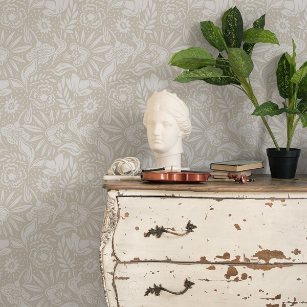 Tapet Ornament floral liniar alb pe fond bej, Tapet flori, a00956 : Uwalls.ro