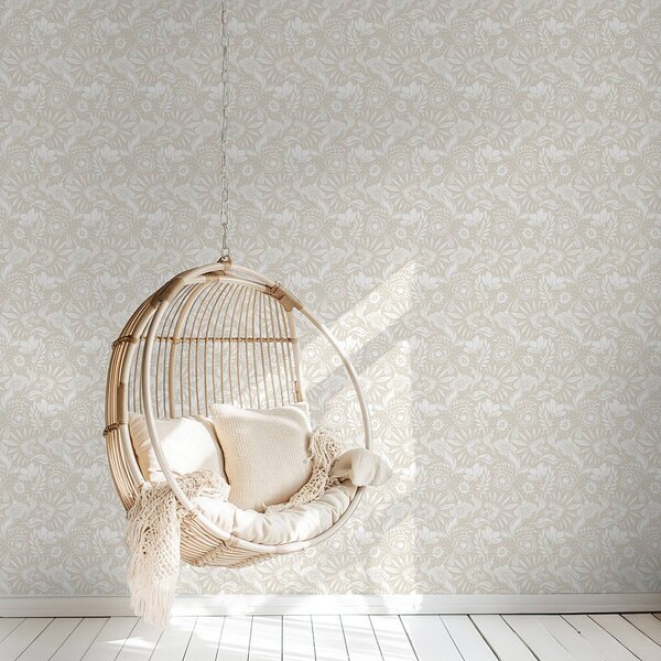 Tapet Ornament floral liniar alb pe fond bej, Tapet flori, a00956 : Uwalls.ro