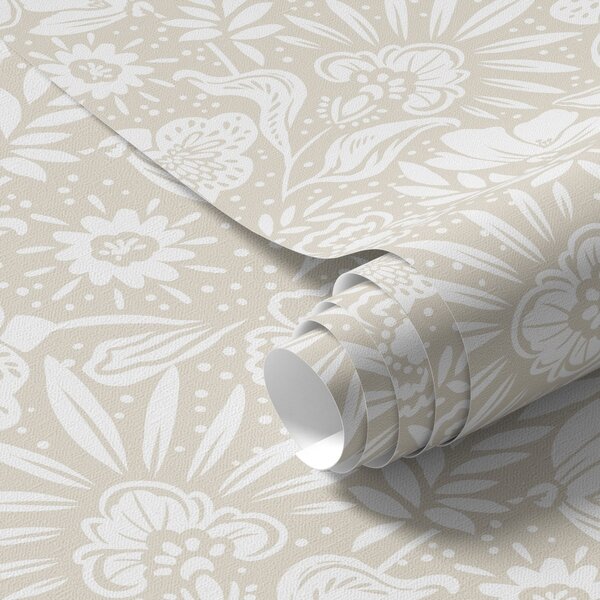 Tapet Ornament floral liniar alb pe fond bej, Tapet flori, a00956 : Uwalls.ro