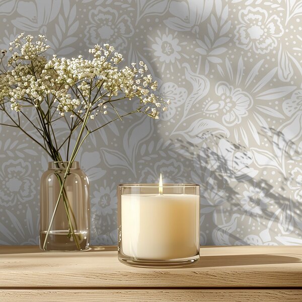 Tapet Ornament floral liniar alb pe fond bej, Tapet flori, a00956 : Uwalls.ro