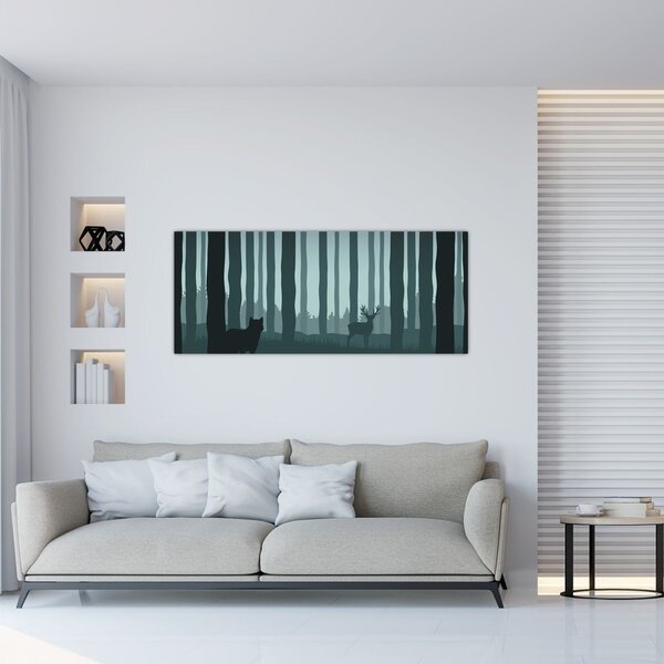 Tablou - Cerb cu lup pe stânci (120x50 cm)