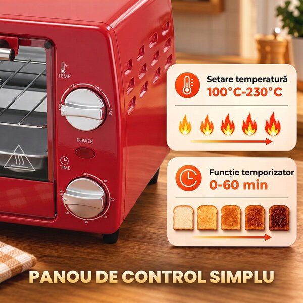 HOMCOM Mini cuptor electric 10L, 750W, cu temperatură reglabilă și timer, 36,5x26x22 cm, roșu | Aosom Romania
