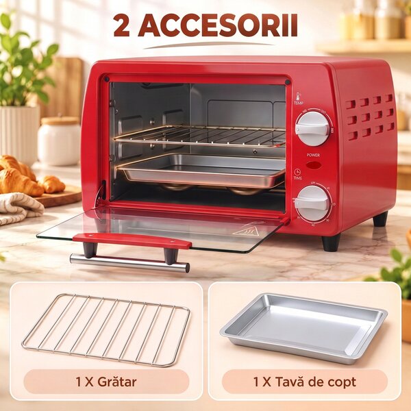 HOMCOM Mini cuptor electric 10L, 750W, cu temperatură reglabilă și timer, 36,5x26x22 cm, roșu | Aosom Romania