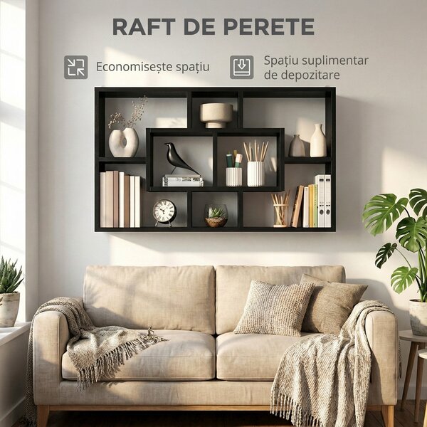 HOMCOM Etajeră de Perete cu 8 Compartimente, 85 x 14,5 x 47,5 cm, Lemn, Negru | Aosom Romania