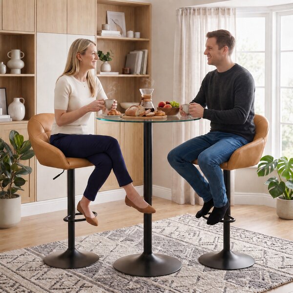 HOMCOM Set 2 Scaune de Bar din Piele Ecologică cu Spătar, Brațe și Înălțime Reglabilă, Maro | Aosom Romania