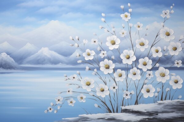 Tapet Flori albe de primăvară lângă un lac înghețat, cu munți înzăpeziți, în stilul picturii în ulei, Fototapet Flori, w09526 : Uwalls.ro