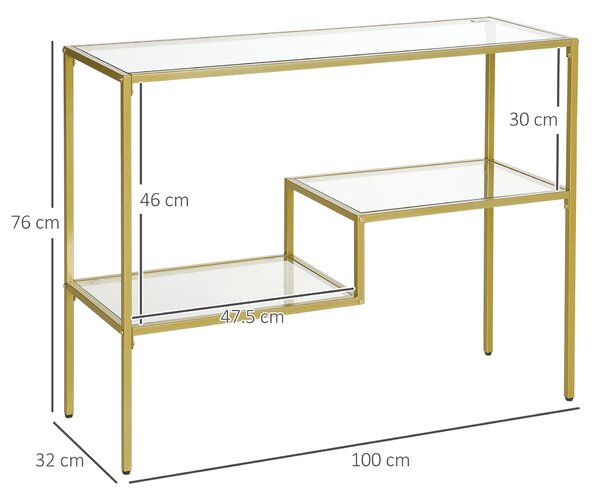 HOMCOM Consolă Aurie cu Masă de Cafea din Sticlă Temperată 100 cm, Rafturi de Depozitare, Design Elegant pentru Hol | Aosom Romania