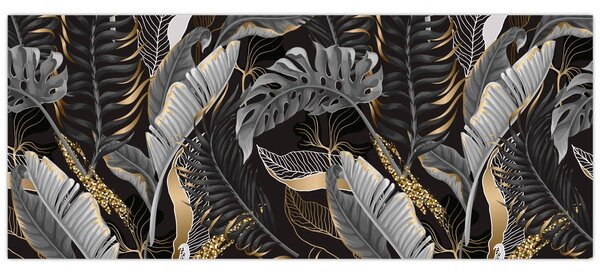 Tablou - Frunze tropicale, Galben - auriu (120x50 cm)