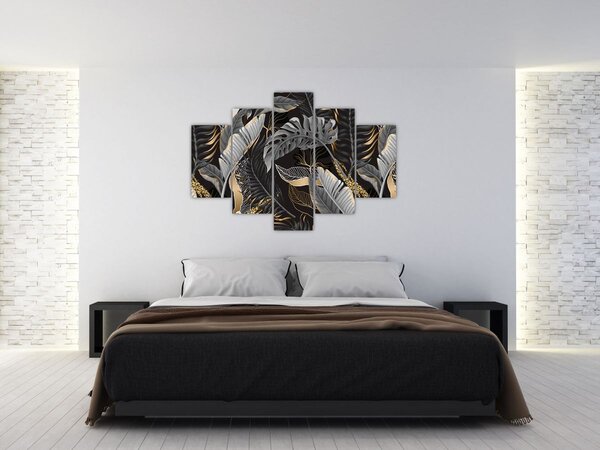 Tablou - Frunze tropicale, Galben - auriu (150x105 cm)