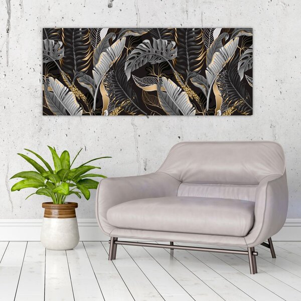 Tablou - Frunze tropicale, Galben - auriu (120x50 cm)