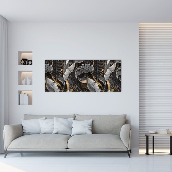 Tablou - Frunze tropicale, Galben - auriu (120x50 cm)