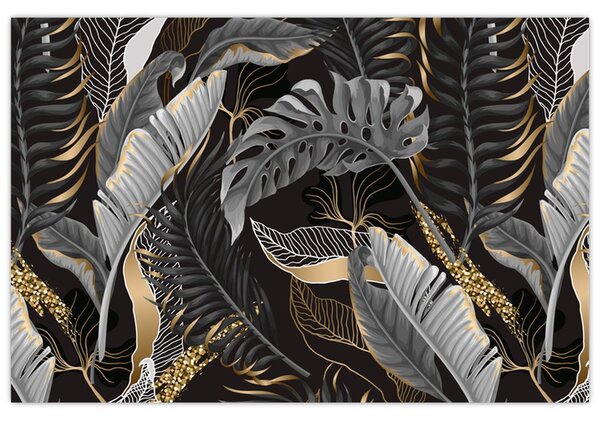 Tablou - Frunze tropicale, Galben - auriu (90x60 cm)