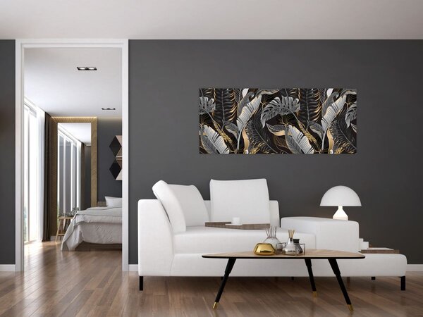 Tablou - Frunze tropicale, Galben - auriu (120x50 cm)