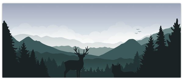 Tablou - Cerb cu lup pe stânci (120x50 cm)