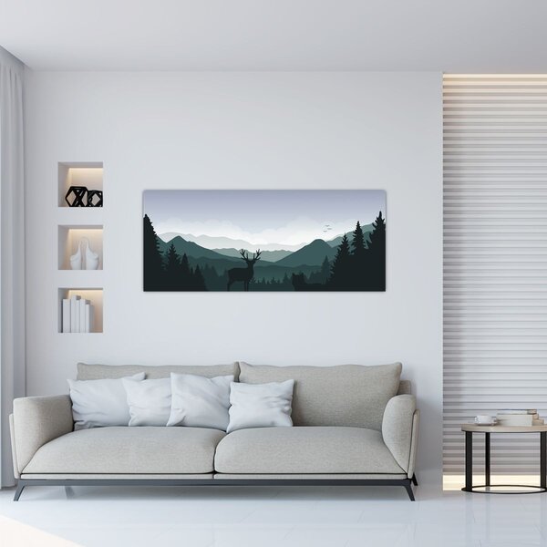 Tablou - Cerb cu lup pe stânci (120x50 cm)