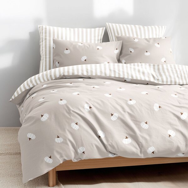 Goldea lenjerie de pat din 100% bumbac - dovleci pe fond crem cu dungi 140 x 200 și 50 x 70 cm