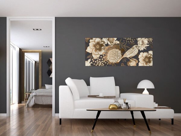 Tablou - Flori aurii pe fundal întunecat (120x50 cm)