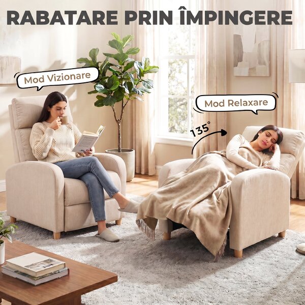HOMCOM Fotoliu Recliner cu Suport pentru Picioare, Arcuri în Saci, Țesătură In, 87x67x102 cm, Bej | Aosom Romania