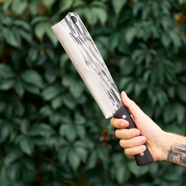 Cutit profesional tip satar outdoor, onuvio®, full tang, universal, pentru oase, feliat, tranșat, tocat, otel carbon, lama forjata, 340mm, husa inclusa, maro inchis