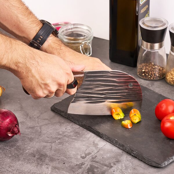 Cutit profesional tip satar almazan, onuvio®, full tang, universal pentru bucătărie, feliat, tranșat, tocat, otel carbon, lama forjata, 250mm, negru