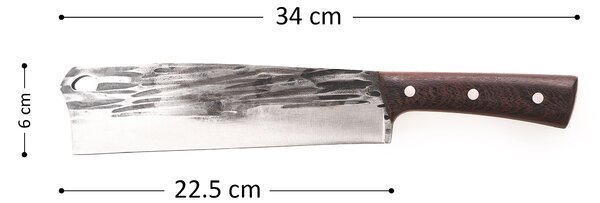 Cutit profesional tip satar outdoor, onuvio®, full tang, universal, pentru oase, feliat, tranșat, tocat, otel carbon, lama forjata, 340mm, husa inclusa, maro inchis