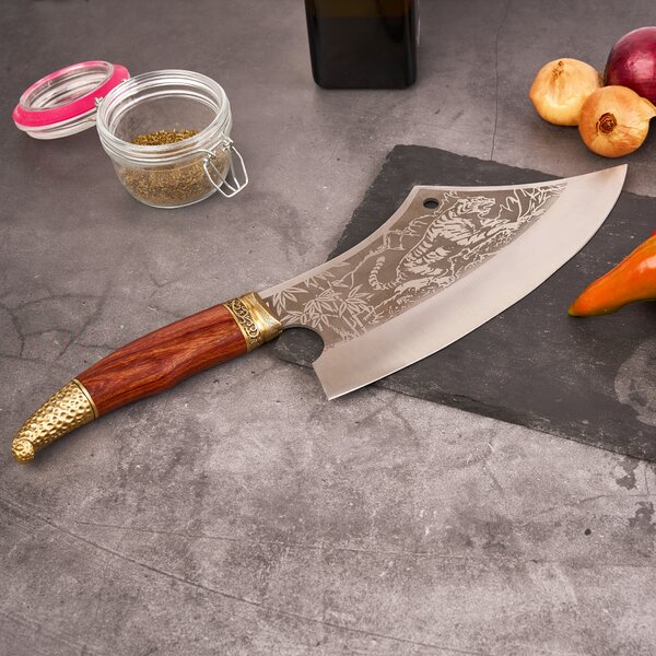 Satar profesional tiger onuvio®, full tang, universal, pentru oase, feliat, tranșat, tocat, otel carbon, lama forjata, 410mm, lemn trandafir, insertii alama, husa inclusa, maro
